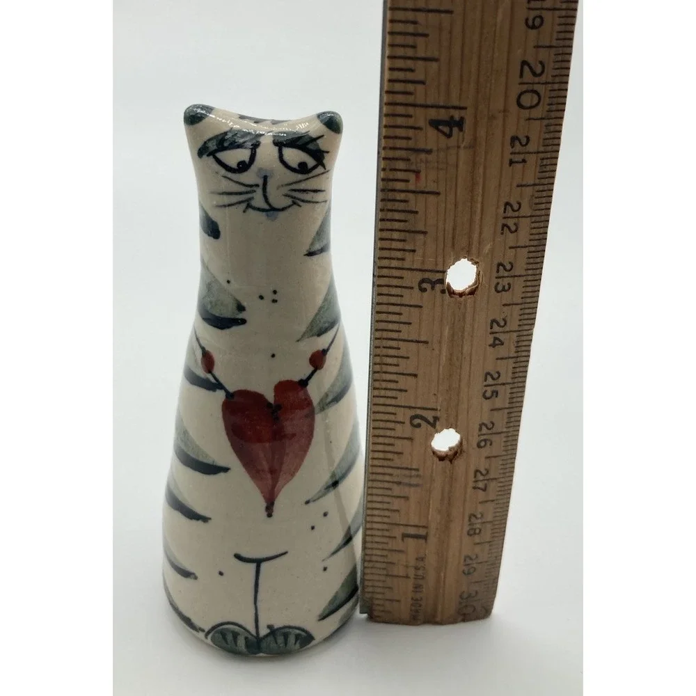 Smiling Cat Figure Vintage Art Ceramic Stripes w/Heart Necklace Whimsy Signed 4